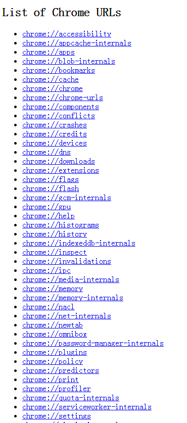 List of Chrome URLs